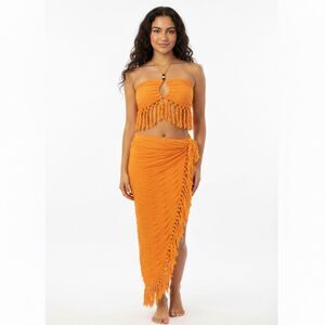 Shein Orange Crinkled Crochet Fringe Two-Piece Skirt Set Size Small